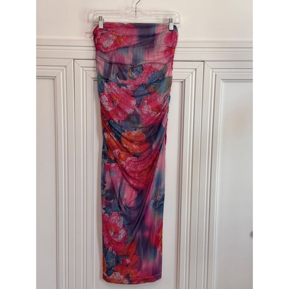 Anthropologie Pink Floral Ruched Mesh Strapless Midi Dress - Picture 2 of 7